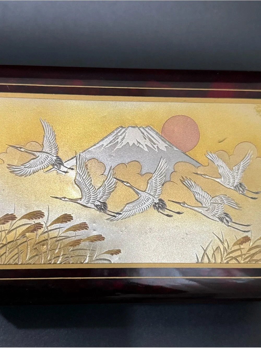 Vintage Japanese Lacquer Chokin Landscape Mt Fuji Flying Cranes Music Box Sakura